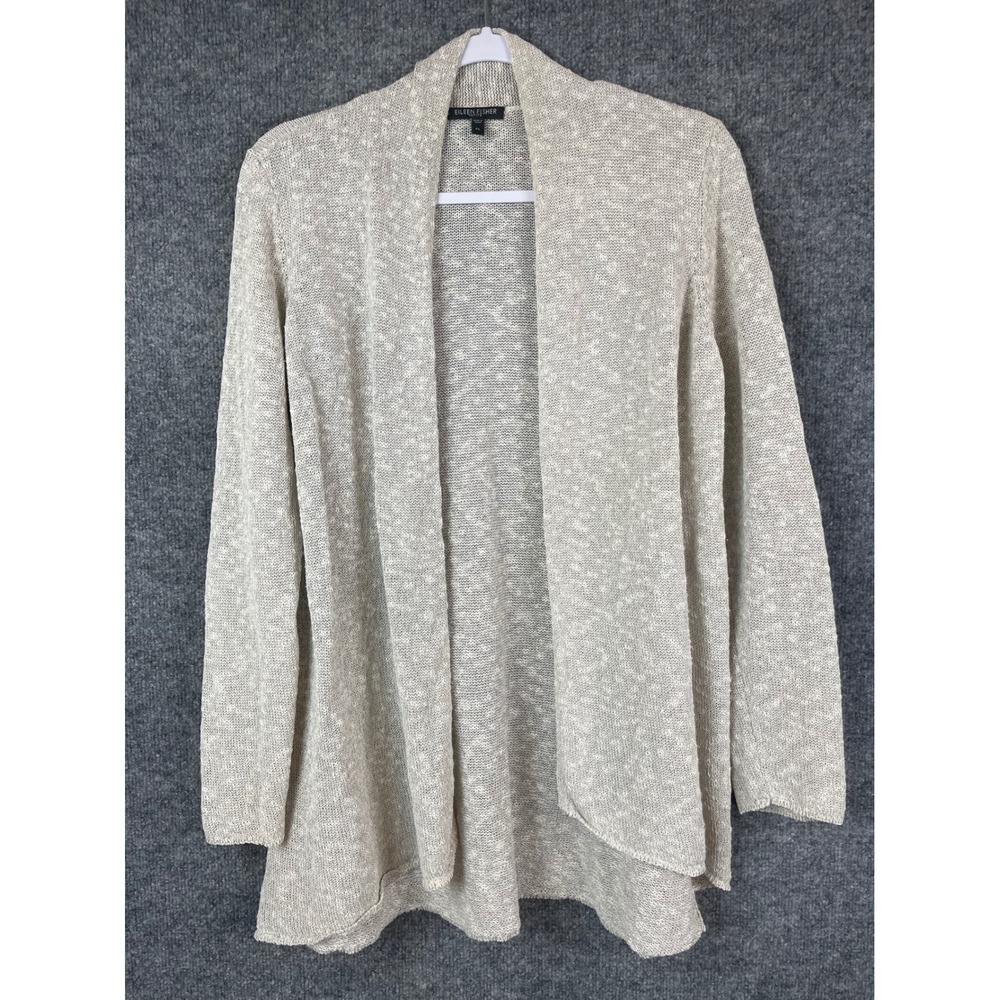 Eileen Fisher Cardigan Women PL Beige Excellent Linen Blend Open Front Knit